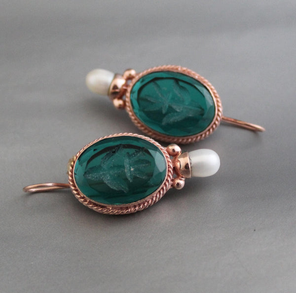Green Glass Intaglio Earrings, Victorian Pearl Drops, Rose Gold