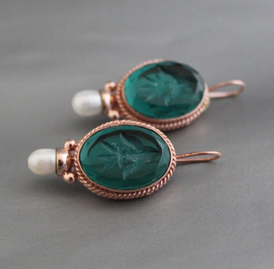 Green Glass Intaglio Earrings, Victorian Pearl Drops, Rose Gold, photo 5