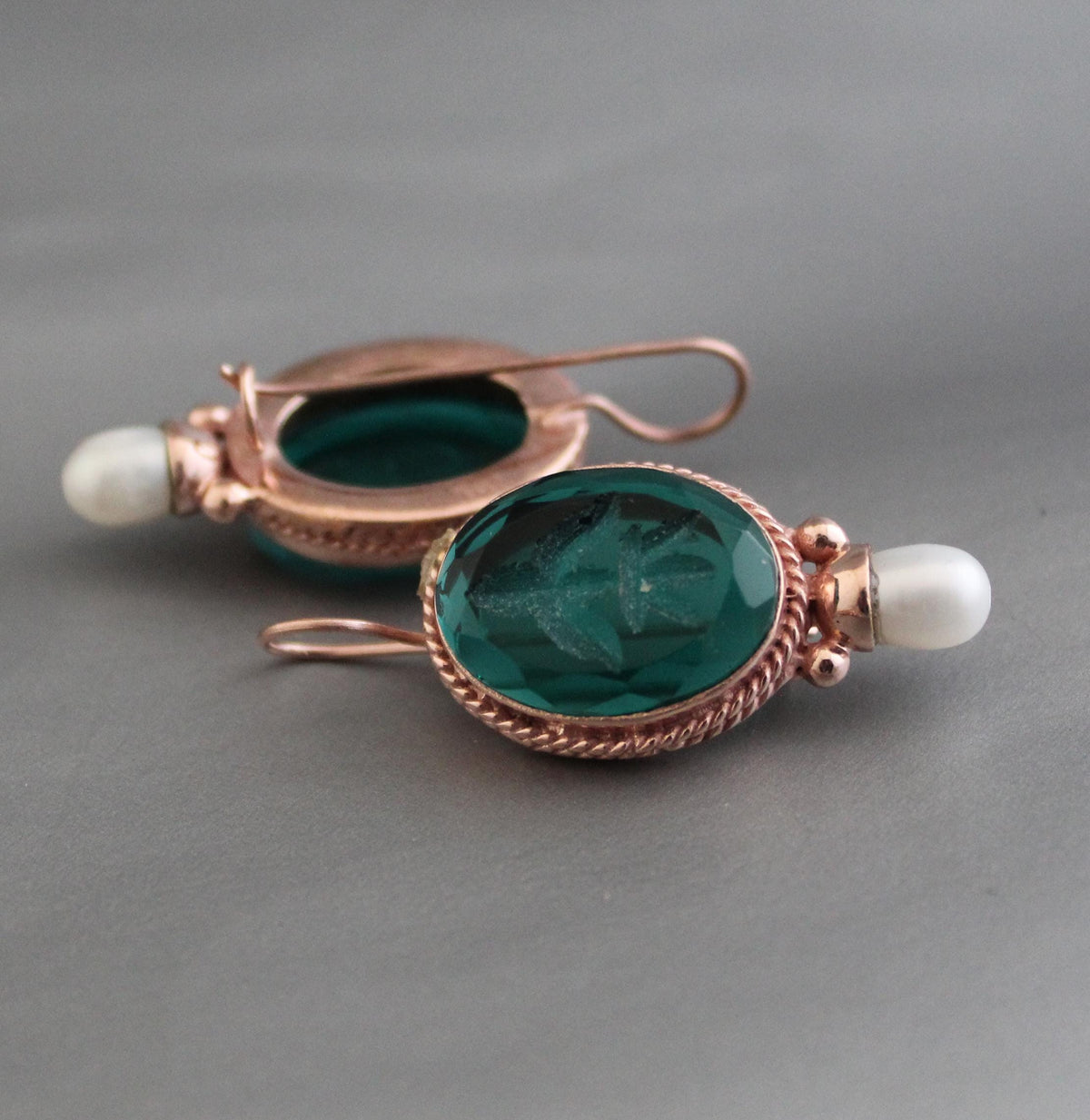Green Glass Intaglio Earrings, Victorian Pearl Drops, Rose Gold, photo 2