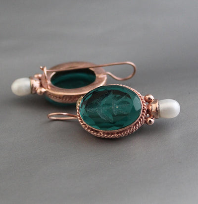 Green Glass Intaglio Earrings, Victorian Pearl Drops, Rose Gold, photo 2