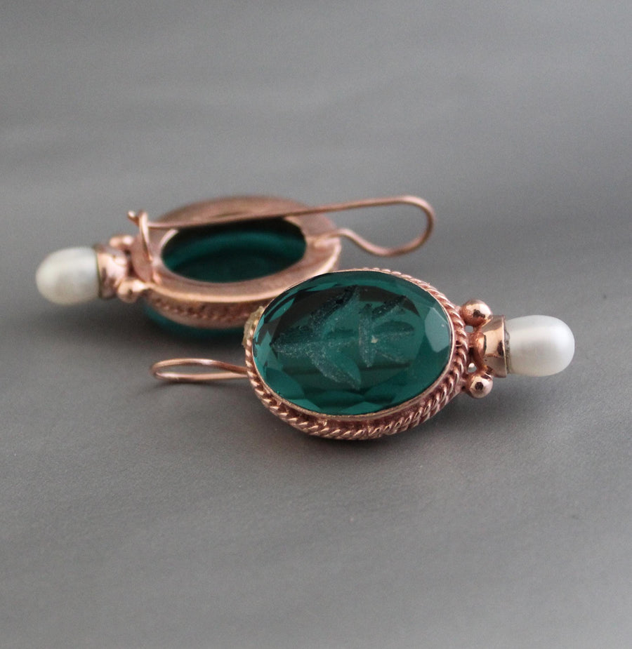 Green Glass Intaglio Earrings, Victorian Pearl Drops, Rose Gold, photo 2
