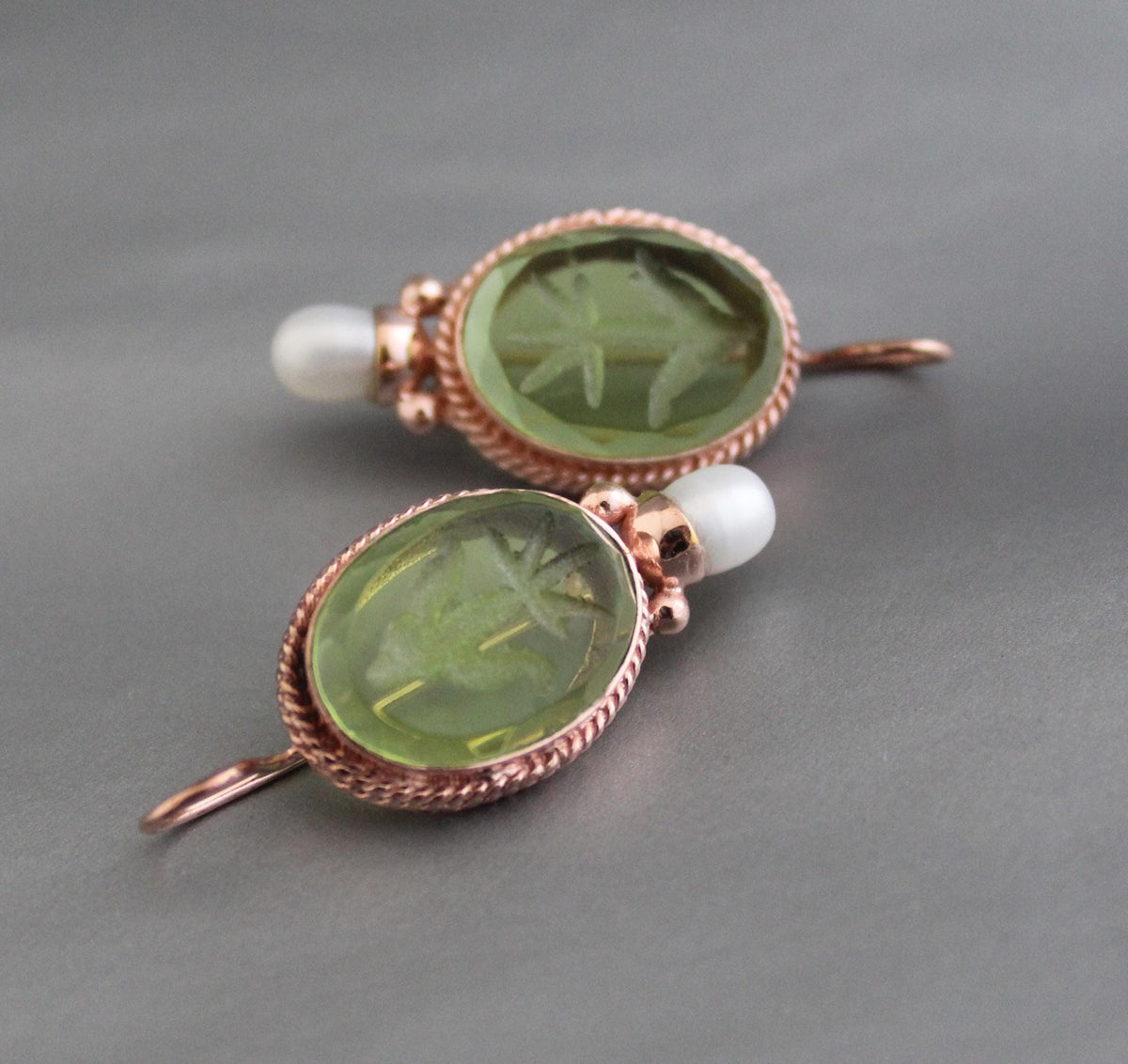 Intaglio Glass Earrings, Bridal Pearl Accent, Rose Gold Vermeil, photo 6