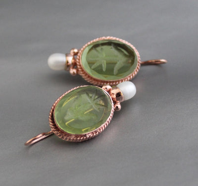 Intaglio Glass Earrings, Bridal Pearl Accent, Rose Gold Vermeil, photo 6