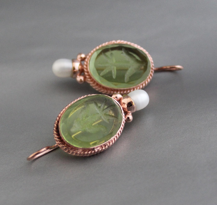 Intaglio Glass Earrings, Bridal Pearl Accent, Rose Gold Vermeil, photo 6