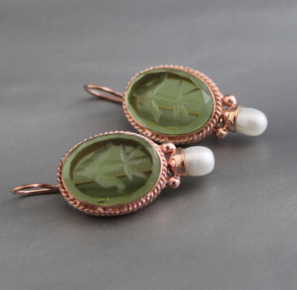 Intaglio Glass Earrings, Bridal Pearl Accent, Rose Gold Vermeil