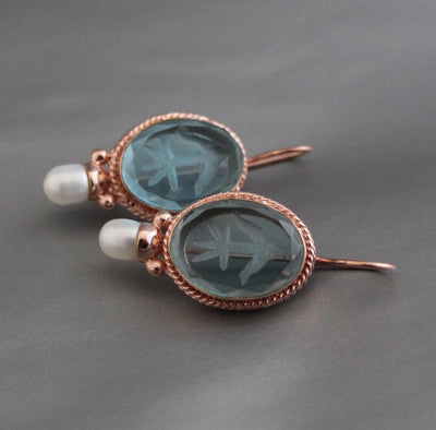 Blue Glass Intaglio Oval Earrings, Victorian Style, Rose Gold, photo 2
