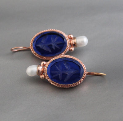 Blue Intaglio Earrings, 1920s Art Deco Pearls, Rose Gold, photo 5
