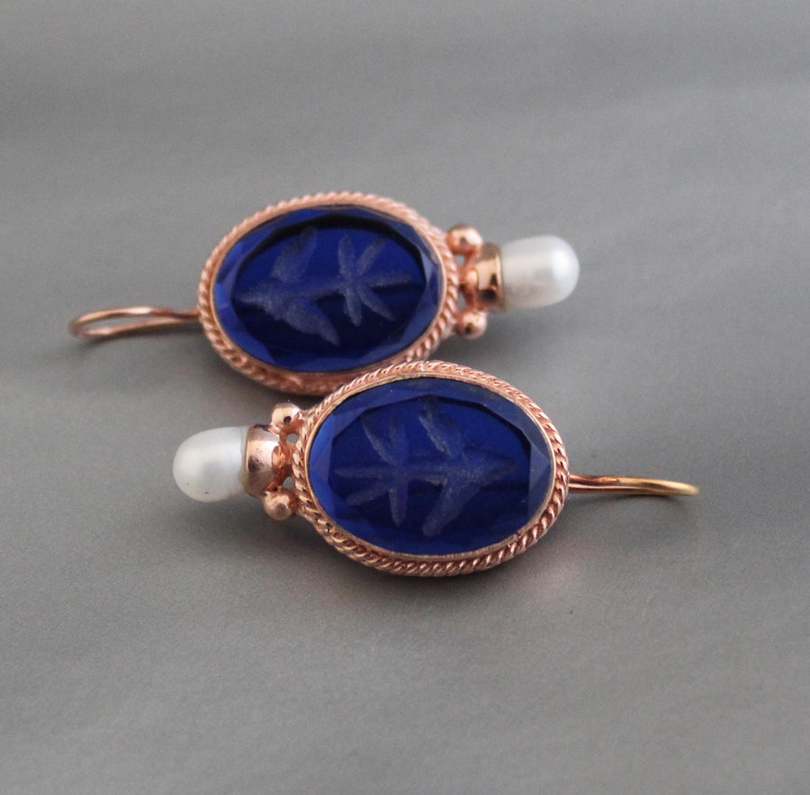 Blue Intaglio Earrings, 1920s Art Deco Pearls, Rose Gold, photo 5
