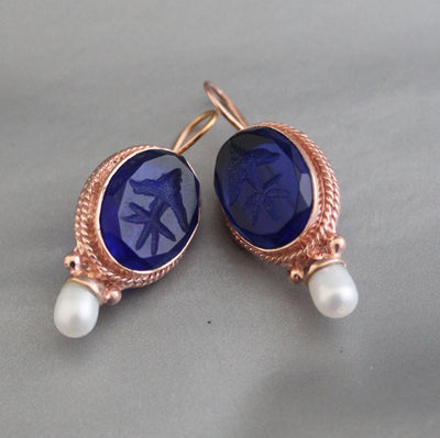 Blue Intaglio Earrings, 1920s Art Deco Pearls, Rose Gold, photo 2