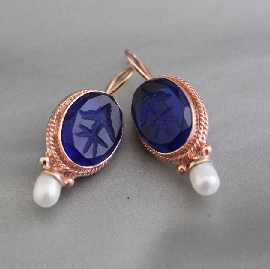 Blue Intaglio Earrings, 1920s Art Deco Pearls, Rose Gold, photo 2