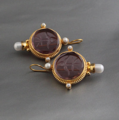 Purple Glass Intaglio Earrings, Art Deco Bridal Pearls, photo 6