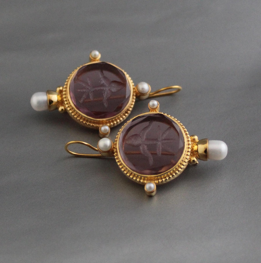 Purple Glass Intaglio Earrings, Art Deco Bridal Pearls, photo 6