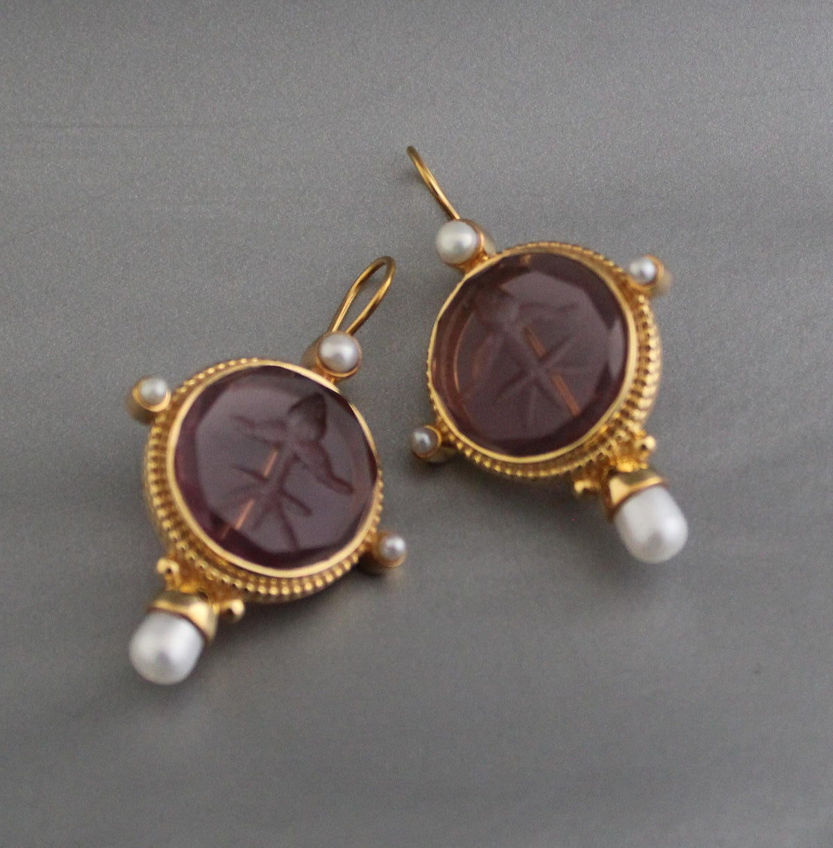 Purple Glass Intaglio Earrings, Art Deco Bridal Pearls, photo 5