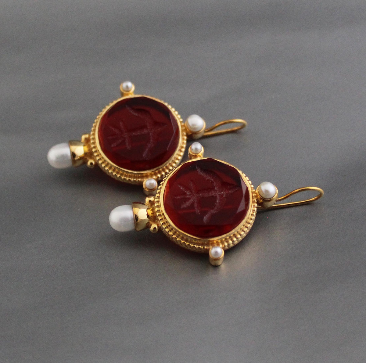 Red Intaglio Crystal Earrings, Victorian Style, Gold, photo 5