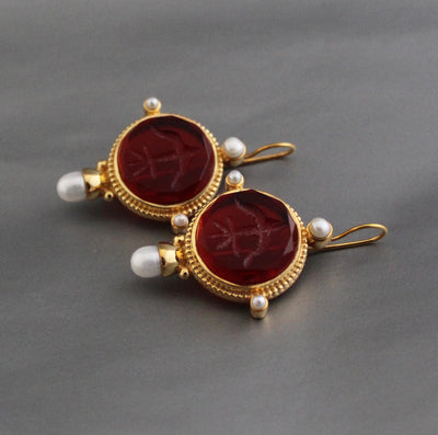 Red Intaglio Crystal Earrings, Victorian Style, Gold, photo 5
