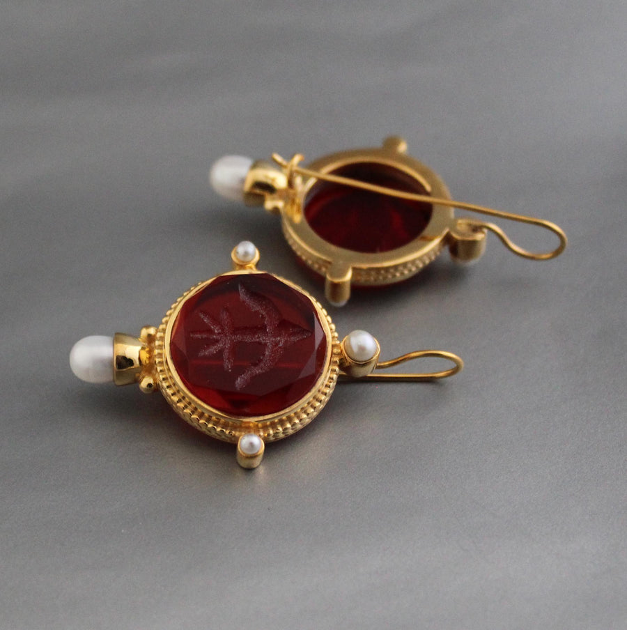 Red Intaglio Crystal Earrings, Victorian Style, Gold, photo 4