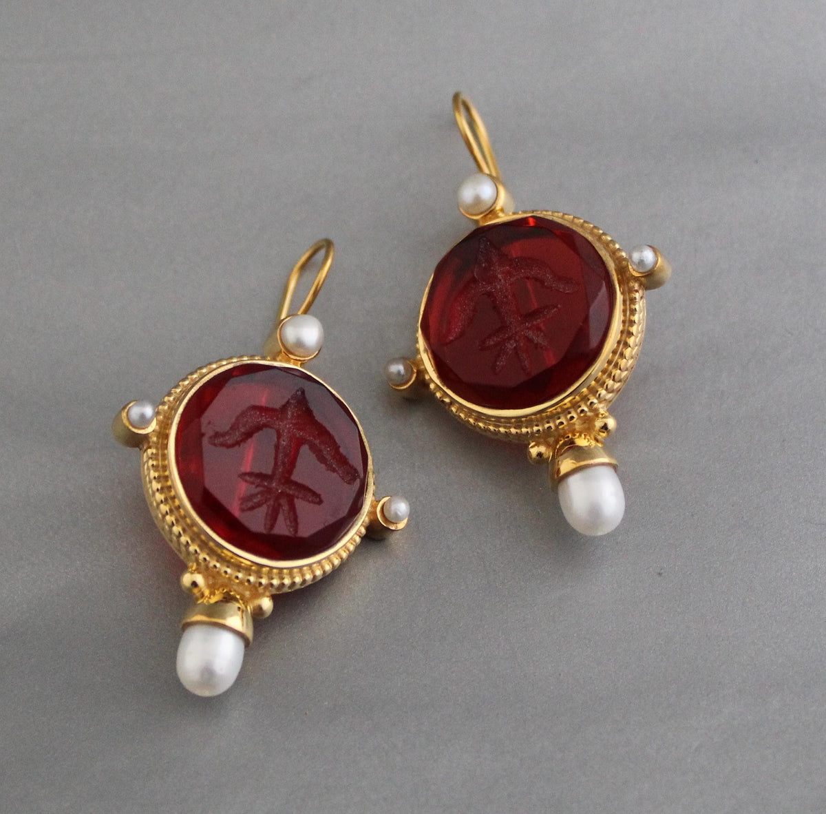 Red Intaglio Crystal Earrings, Victorian Style, Gold