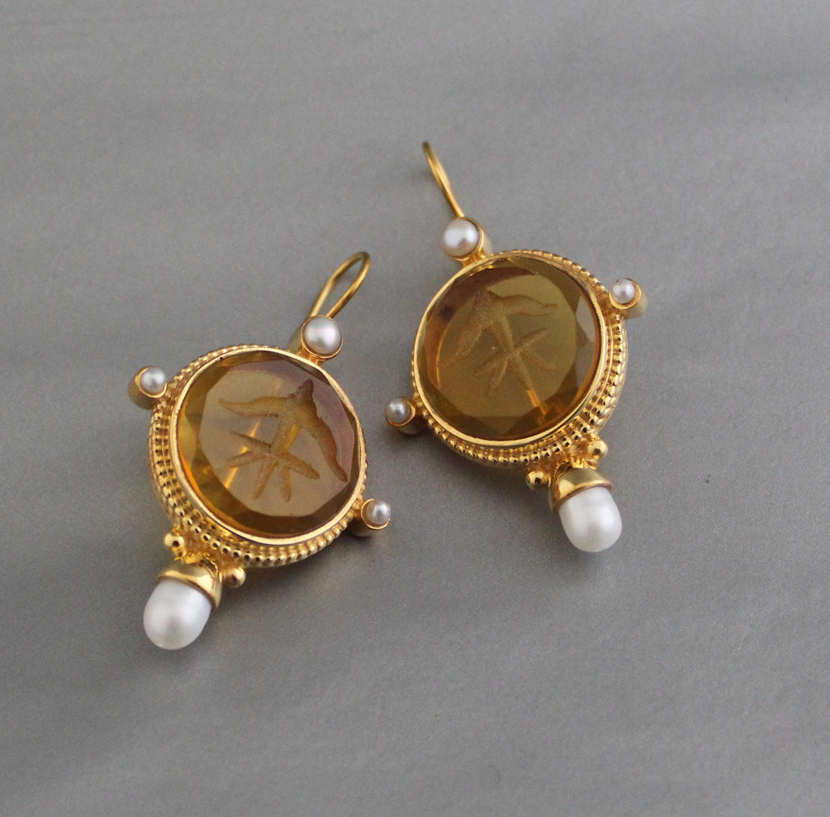 Yellow Glass Intaglio Earrings, Vintage Gold Statement