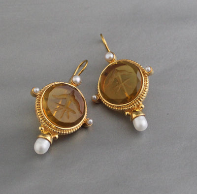 Yellow Glass Intaglio Earrings, Vintage Gold Statement