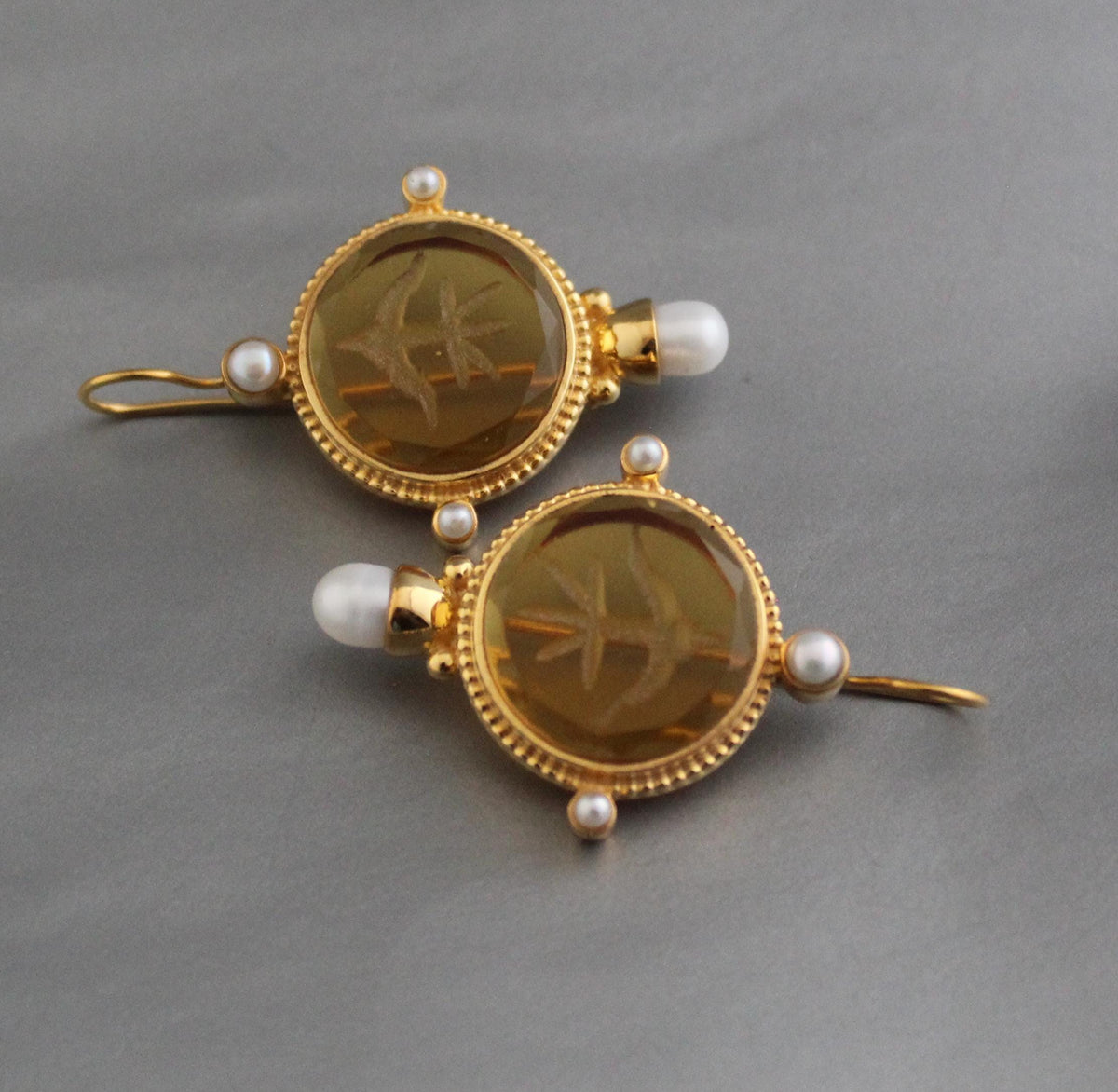Yellow Glass Intaglio Earrings, Vintage Gold Statement, photo 5