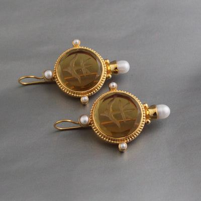 Yellow Glass Intaglio Earrings, Vintage Gold Statement, photo 6