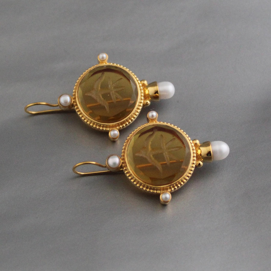 Yellow Glass Intaglio Earrings, Vintage Gold Statement, photo 6