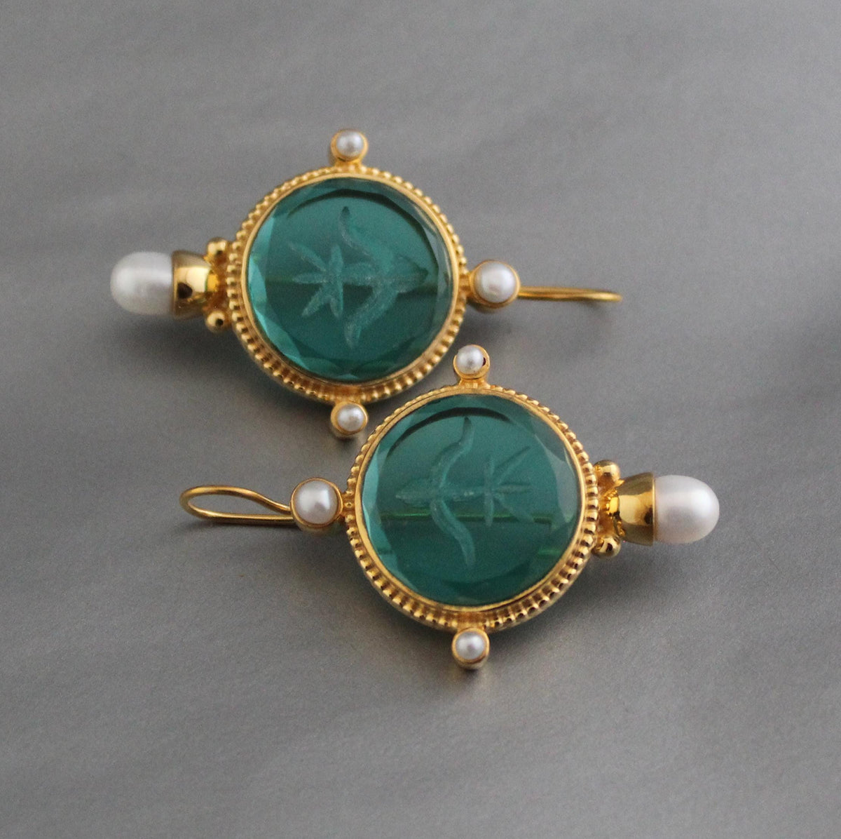 Green Glass Intaglio Earrings, Art Deco Pearl Dangles, Gold, photo 2