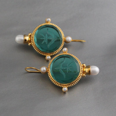 Green Glass Intaglio Earrings, Art Deco Pearl Dangles, Gold, photo 2