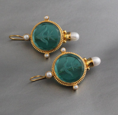 Green Glass Intaglio Earrings, Art Deco Pearl Dangles, Gold, photo 5