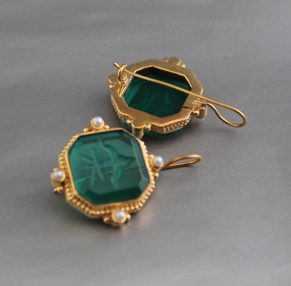 Green Intaglio Earrings, Antique Victorian Style, Brass