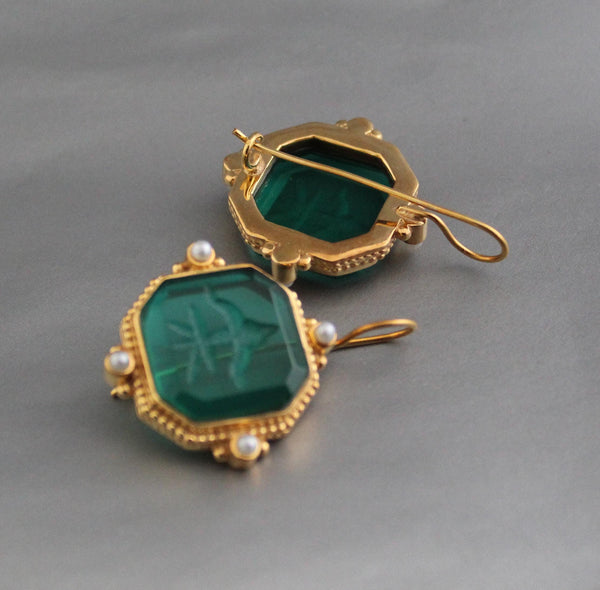 Green Intaglio Earrings, Antique Victorian Style, Brass