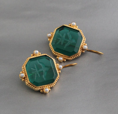 Green Intaglio Earrings, Antique Victorian Style, Brass, photo 8