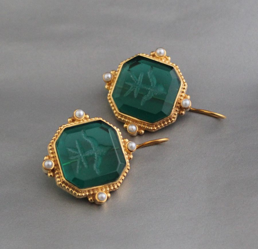 Green Intaglio Earrings, Antique Victorian Style, Brass, photo 8
