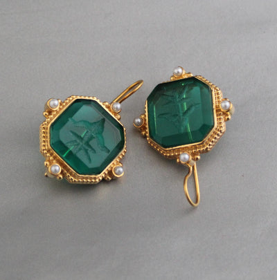 Green Intaglio Earrings, Antique Victorian Style, Brass, photo 4