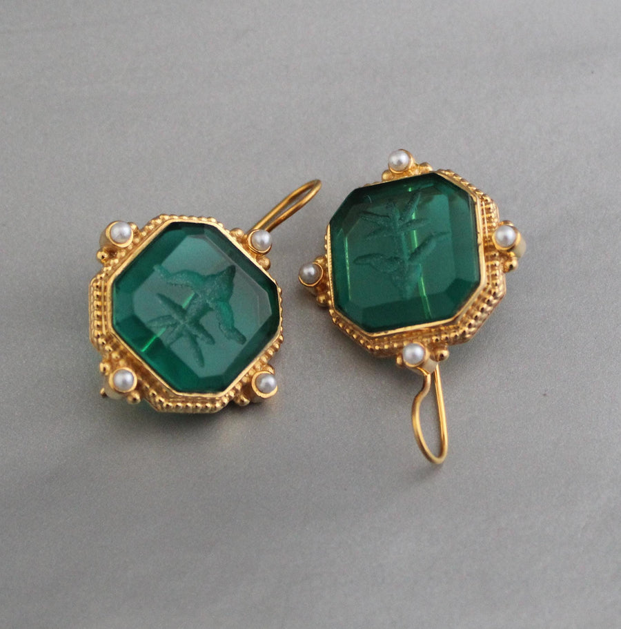 Green Intaglio Earrings, Antique Victorian Style, Brass, photo 4