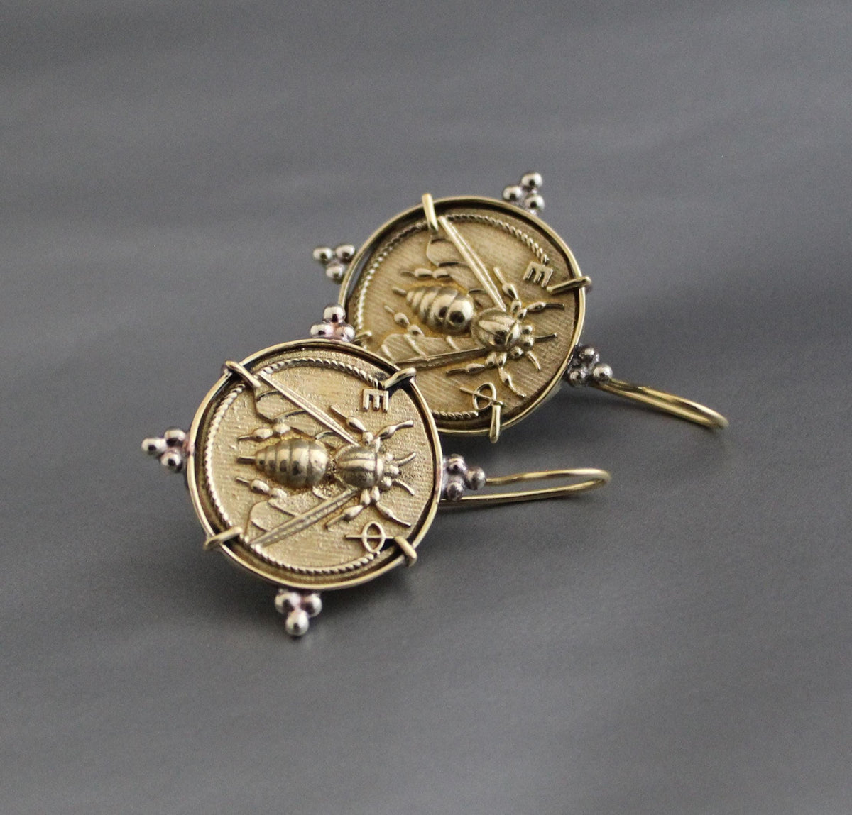 Honeybee Coin Earrings, Ancient Roman Style, Brass, photo 2