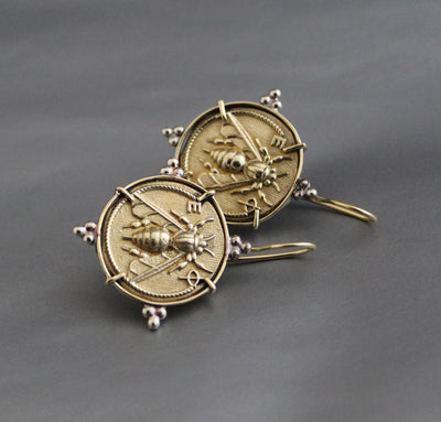 Honeybee Coin Earrings, Ancient Roman Style, Brass, photo 2