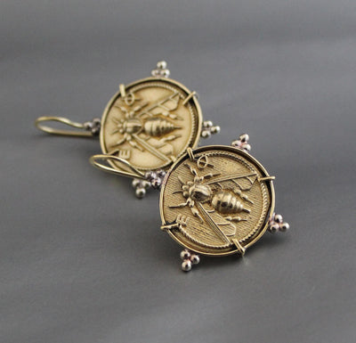 Honeybee Coin Earrings, Ancient Roman Style, Brass