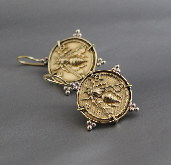 Honeybee Coin Earrings, Ancient Roman Style, Brass