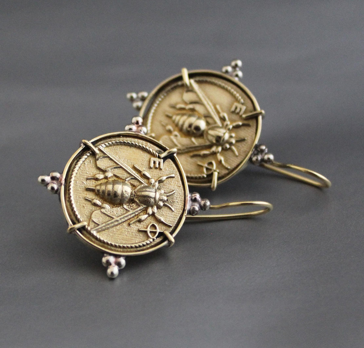 Honeybee Coin Earrings, Ancient Roman Style, Brass, photo 5