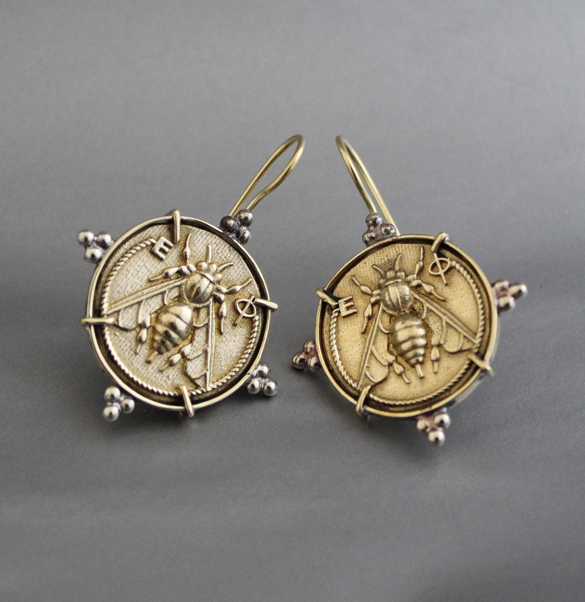 Brass Honeybee Coin Necklace and Bee Intaglio Earrings Set, Greek Style, photo 6