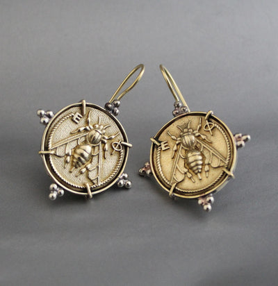 Honeybee Coin Earrings, Ancient Roman Style, Brass, photo 3