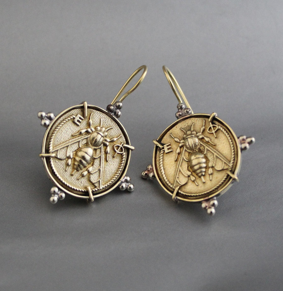 Honeybee Coin Earrings, Ancient Roman Style, Brass, photo 3