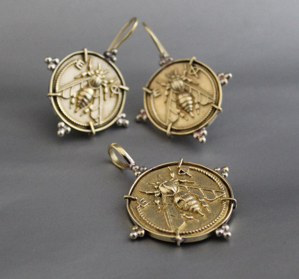 Brass Honeybee Coin Necklace and Bee Intaglio Earrings Set, Greek Style
