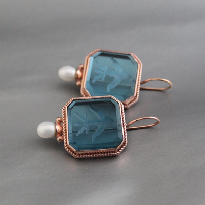 Blue Intaglio Glass Earrings, Rose Gold, photo 4