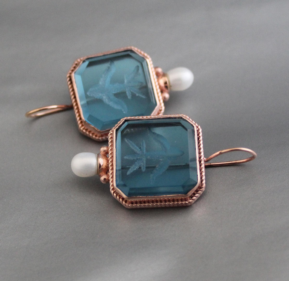 Blue Intaglio Glass Earrings, Rose Gold, photo 5