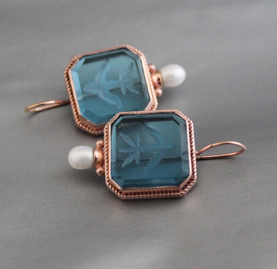Blue Intaglio Glass Earrings, Rose Gold, photo 5