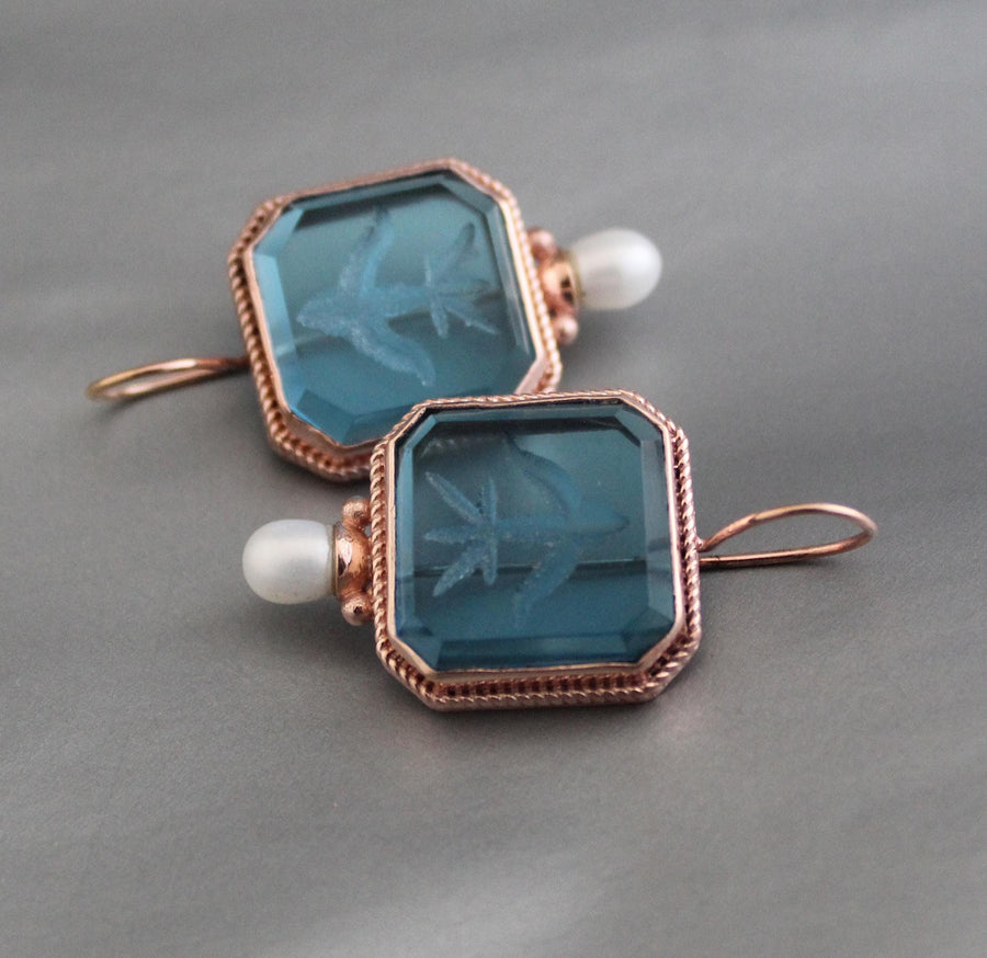 Blue Intaglio Glass Earrings, Rose Gold, photo 5