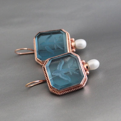 Blue Intaglio Glass Earrings, Rose Gold, photo 6
