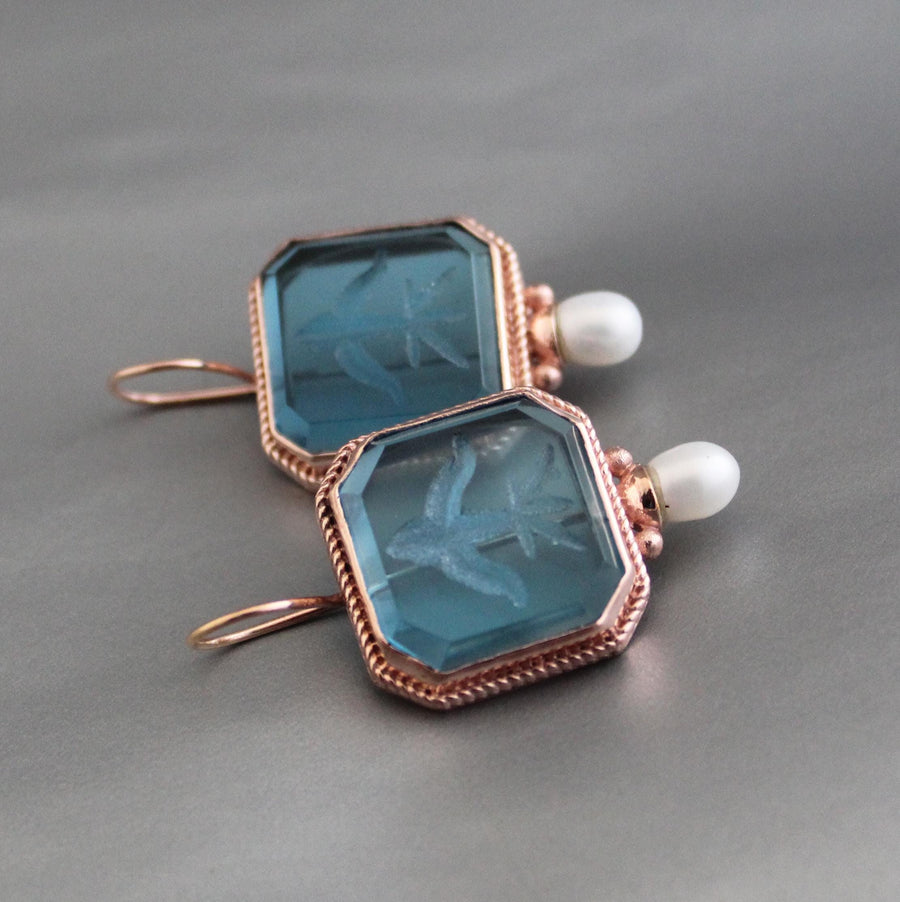 Blue Intaglio Glass Earrings, Rose Gold, photo 6